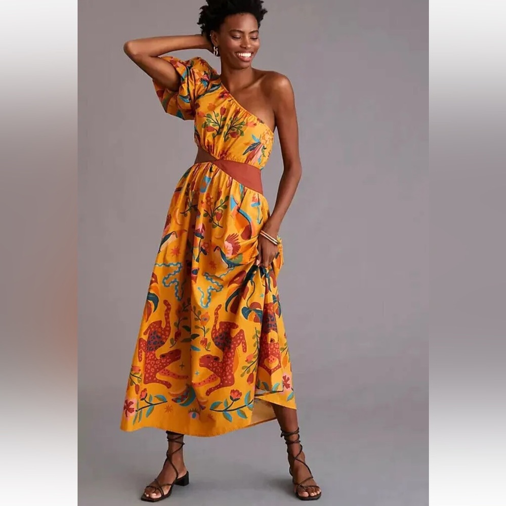 NWT Farm Rio X Anthropology One- shoulder Maxi Dress Tropical Parrots Size: M
